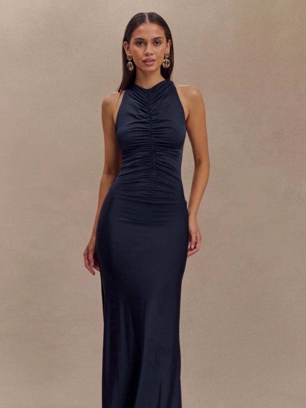 Meshki slinky Priya Ruched Halter Maxi Dress navy